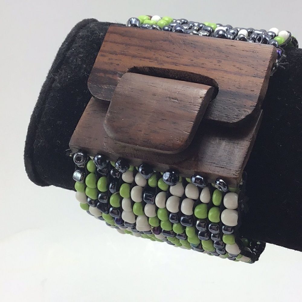Mexican Bracelet Hand Made Beaded Cuff Wood Clasp Elastic Mexico